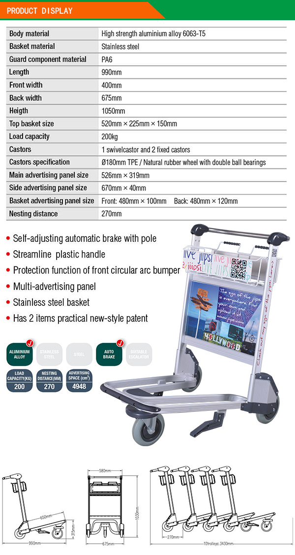 Airport Luggage Trolley Carts with Auto Hand Break