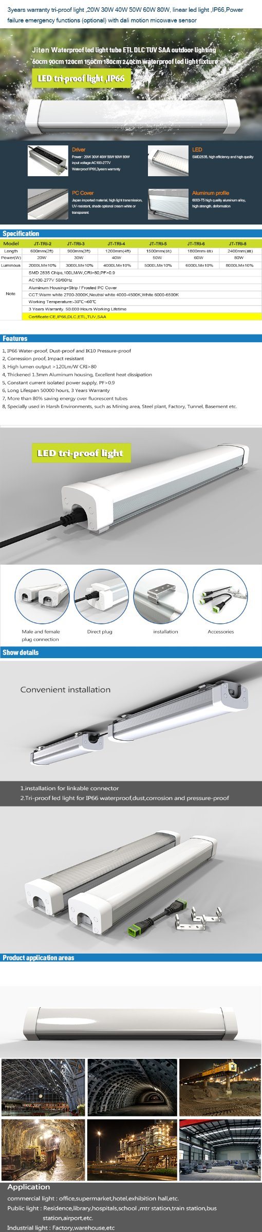 6FT 1800mm IP65 LED Tri-Proof Light with 3 Years Warranty