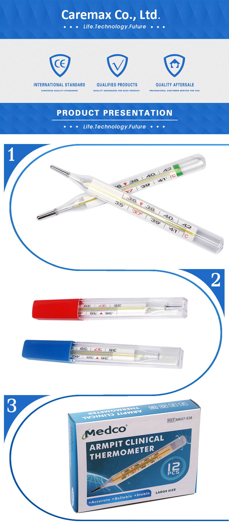 Armpit Flat Glass Clinical Thermometers with Mercury Free