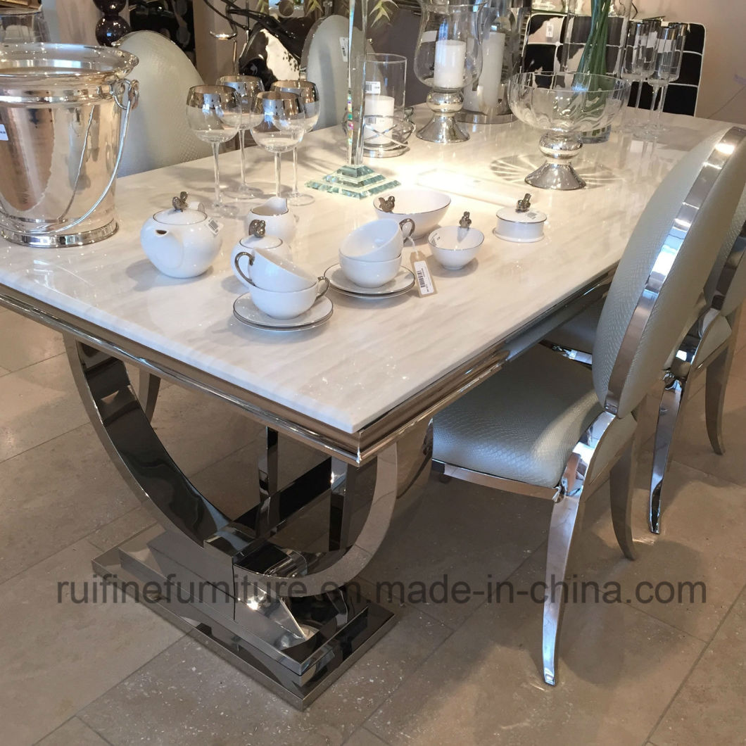 Creative Modern and Natural Arianna Grey Cream Marble Dining Table Stainless Steel Snake Skin Leather Chair