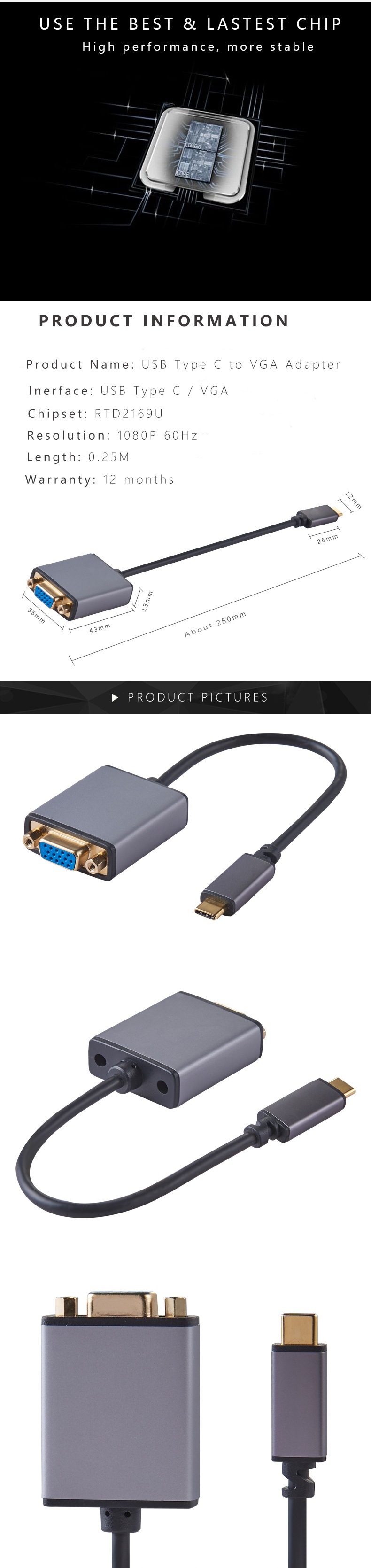 USB Type C to VGA Female Connector Cable with 1080P 60Hz