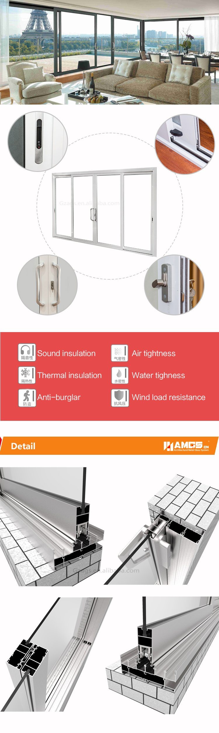 Semi Commercial System Customized Aluminum Sliding Door, According Door, Patio Door and Entrance Door