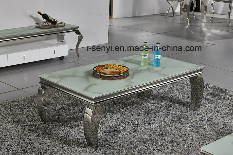 Modern Living Room Furniture Imitated Wood Top or Glass Top Stainless Steel Coffee Table