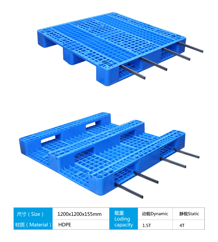 1200*1200*155mm Plastic Tray HDPE Heavy Duty 1.5t Rack Load Plastic Pallet with 4 Steel for Warehouse Products