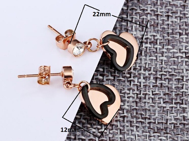 Black & Rose Gold Color Stainless Steel Love Heart Zircon Crystal Drop Dangle Earrings for Women Elegant Jewelry