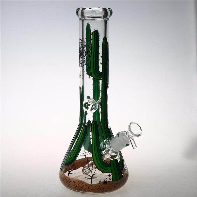 Borosilicate Glass Water Beaker Pipe with Cactus Hand Drawing Bo-387