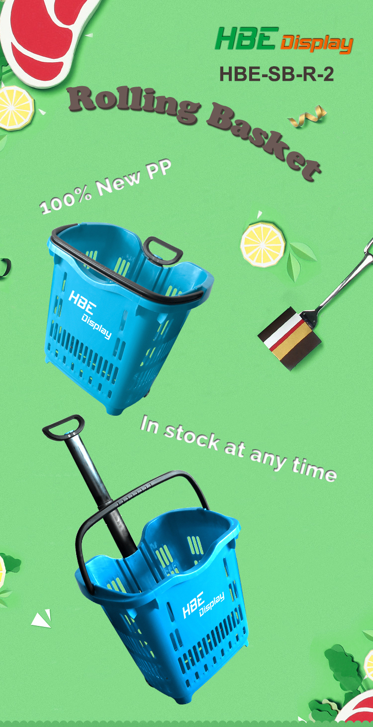 Single Handle Plastic Shopping Basket Rolling Basket Cart