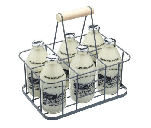 Wire Metal Milk Crate/Bottle Carrier with Wood Handle