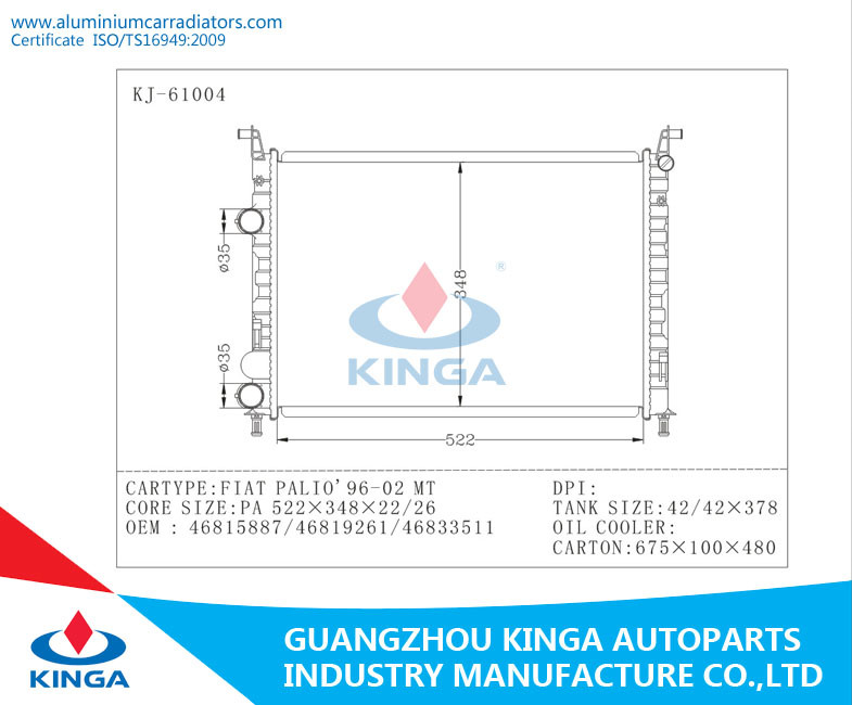 Auto Radiator for FIAT Paloo'96-02 OEM: 46815887/46819261/46833511