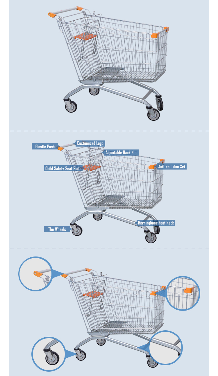 Supermarket Foldable Metal Grocery Shopping Trolley Cart