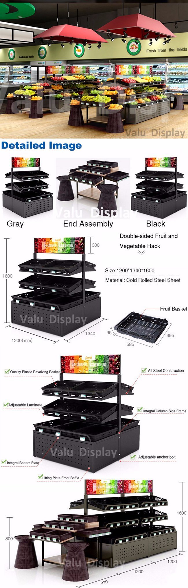 2018 Supermarket Single and Double Side Fruit Vegetable Three Tier Display Rack