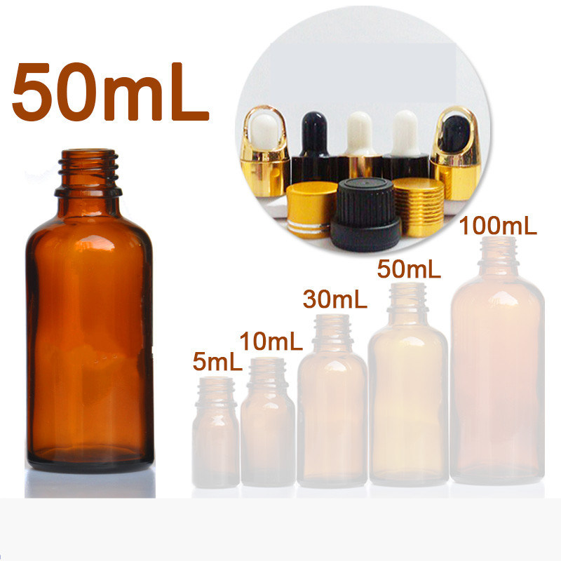 5ml 10ml 15ml 20ml 30ml 50ml 100ml Amber Glass Essential Oil Dropper Perfume Bottle Gold/Silver/Black Cover Glass Pipette