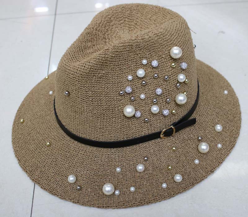 Custom Paper Straw Fedora Hat with Pearl for Ladies