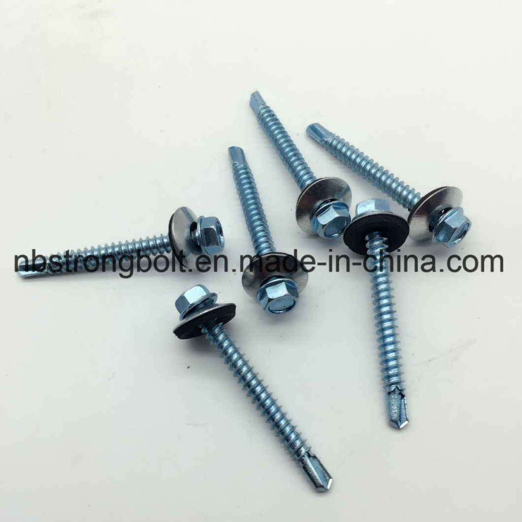 Hex. Washer Head Self Drilling Screws with Bonded Washer (METAL/EPDM OD 16 mm) Bsd #3 12- 14 PT Drill Zinc Plated #12-14X3.1/2