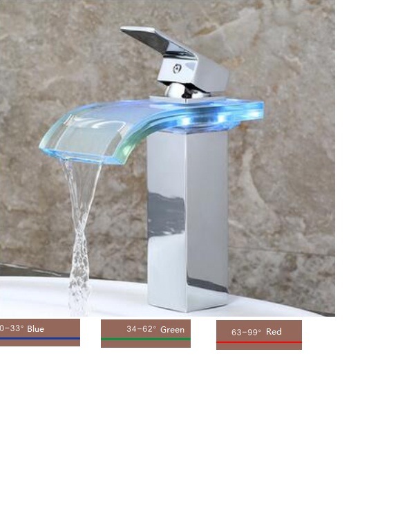 Sprinkle Widespread Waterfall Bathroom Sink Faucet with Color Changing LED Lights Glass Spout Polished Chrome