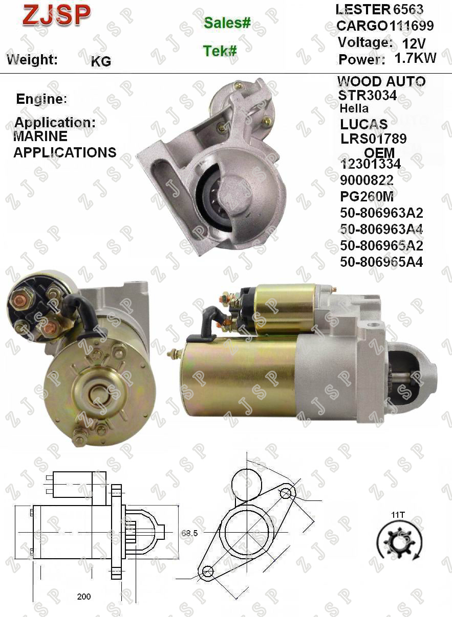 DELCO Starter ZJS-D-010 LRS01789 111699 12301334 9000822 PG260M 50-806963A2 50-806963A4 50-806965A2 50-806965A4 6563 STR3034	12V/1.7KW	11T	CW