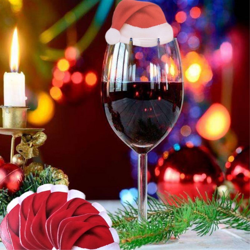 10PCS Christmas Party Promotional Gift Wine Glass Santa Hat Decoration