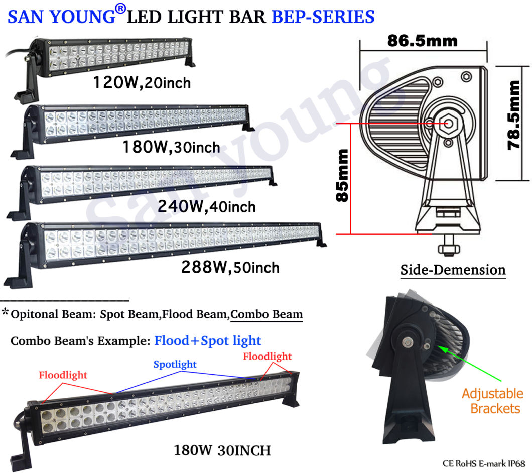 Dual Rows 120W 180W 240W 288W E-MARK CE RoHS 12V 24V LED Light Bar