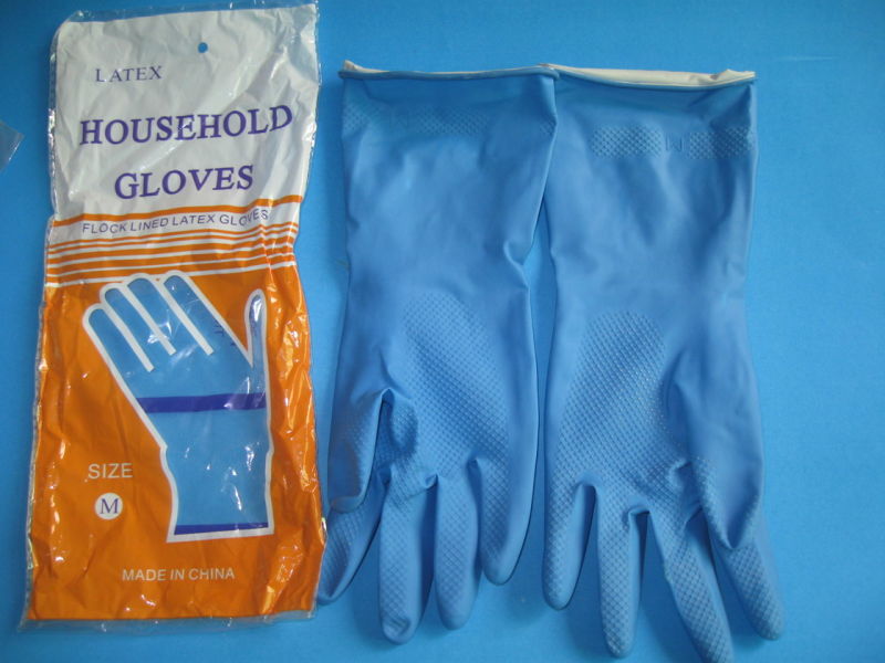 Blue Color Sprayed Flocked Line Latex Household Gloves