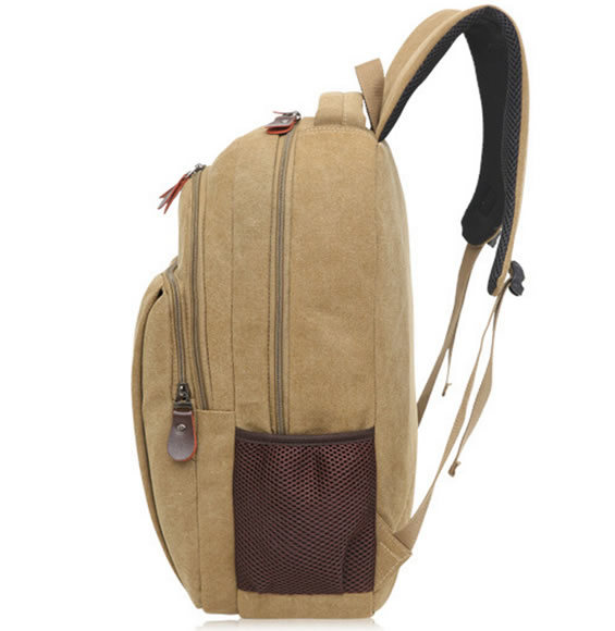 Korean Style Khaki Canvas Backpack School Bag with Laptop Compartment