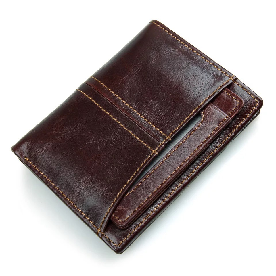 100% Genuine Cow Leather Short Bifold Anti-RFID Wallet for Men