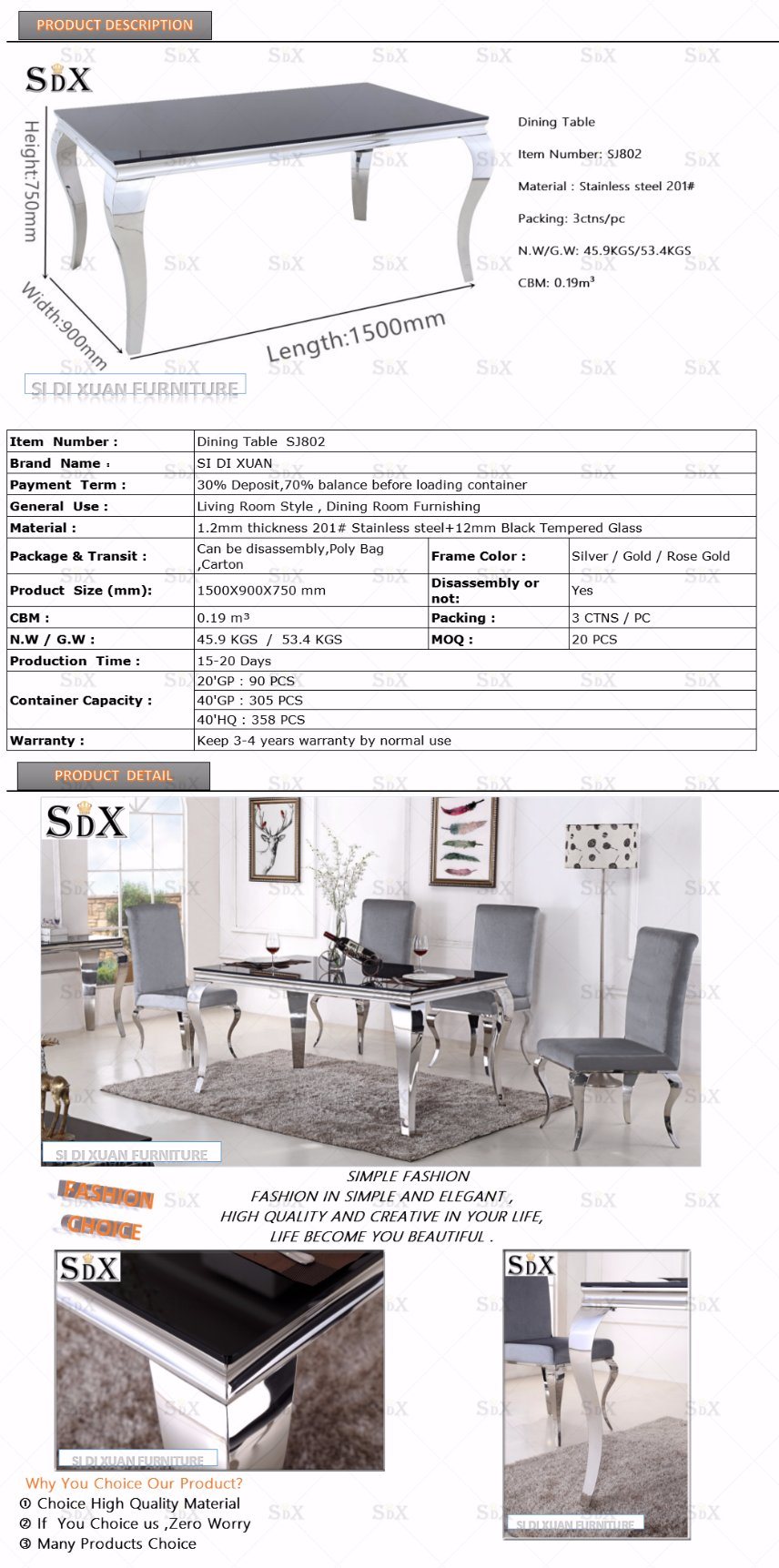 Dining Room Furniture Stainless Steel Glass Top Modern Furniture Table with Eight Chairs