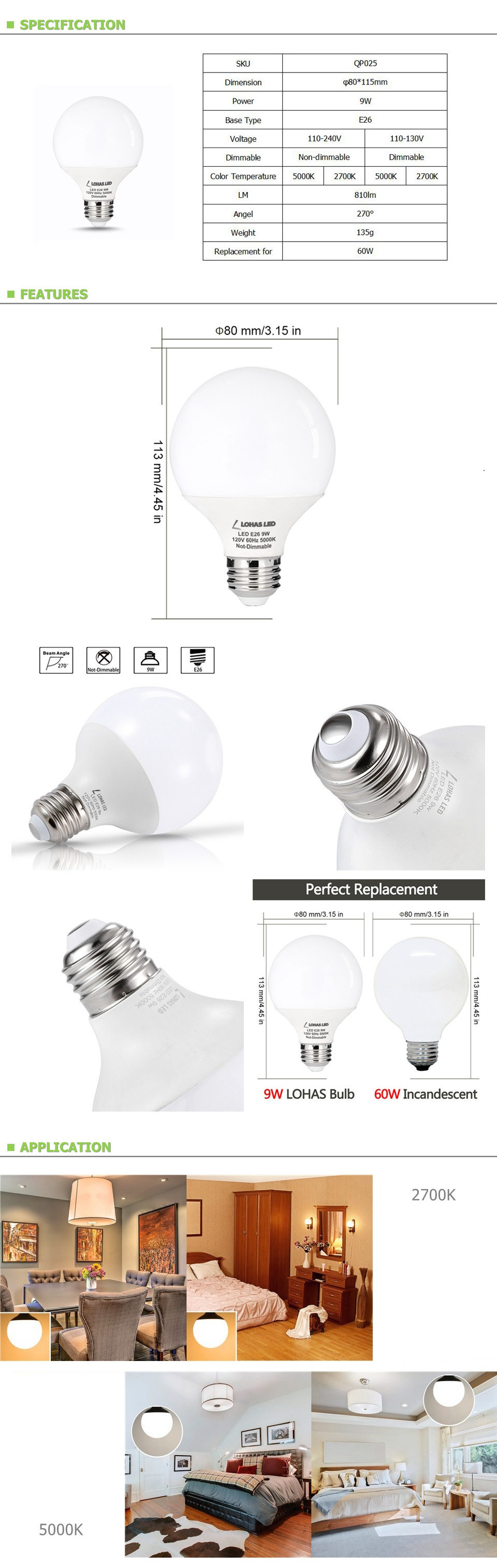 Indoor Lamp Energy Saving E26 9W Global LED Bulb Light