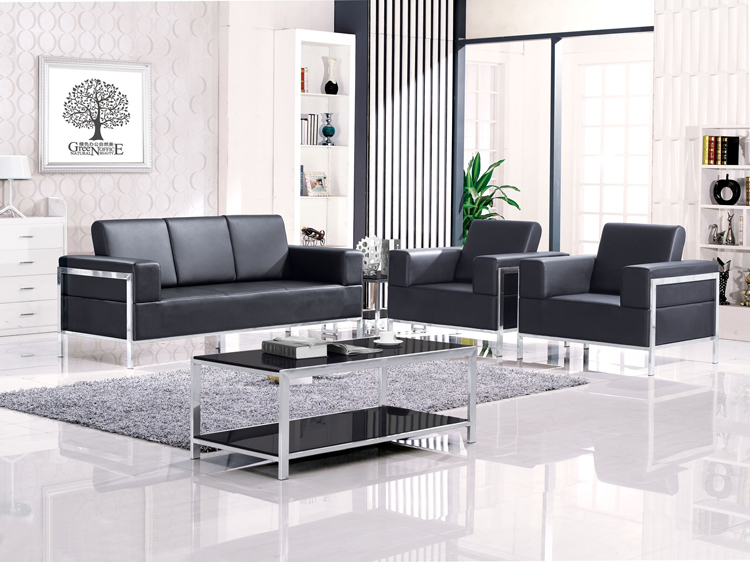 Black Color Genuine Leather Office Reception Sofa with Stainless Steel Frame