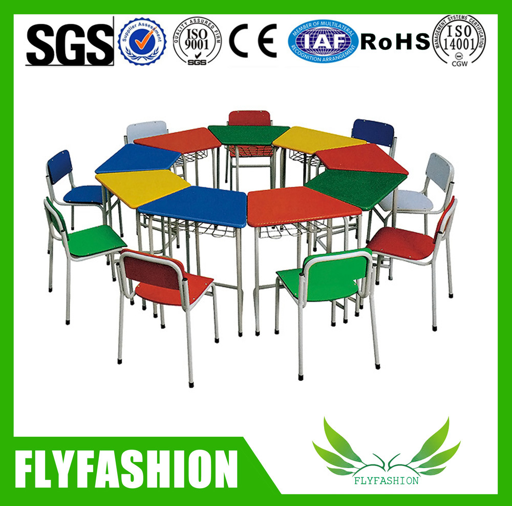 Simple Set Kids School Furniture Colour Wooden Desk with Chair