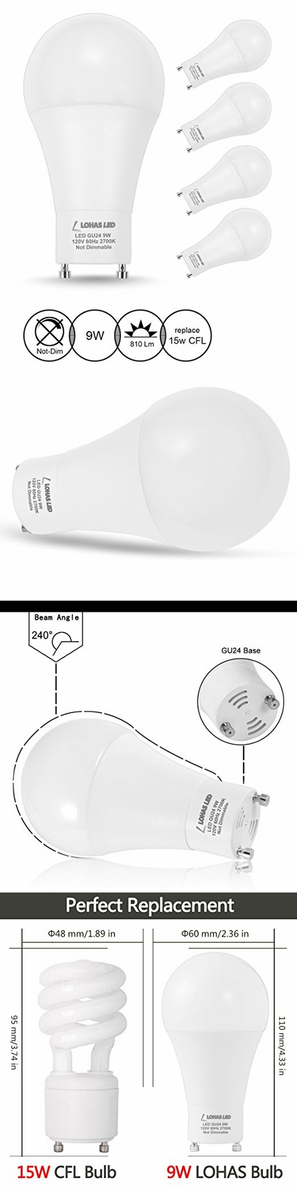 Gu24 LED Lamp 60 Watt Equivalent (9W) Warm White 2700K LED Light Bulb for Home Lighting