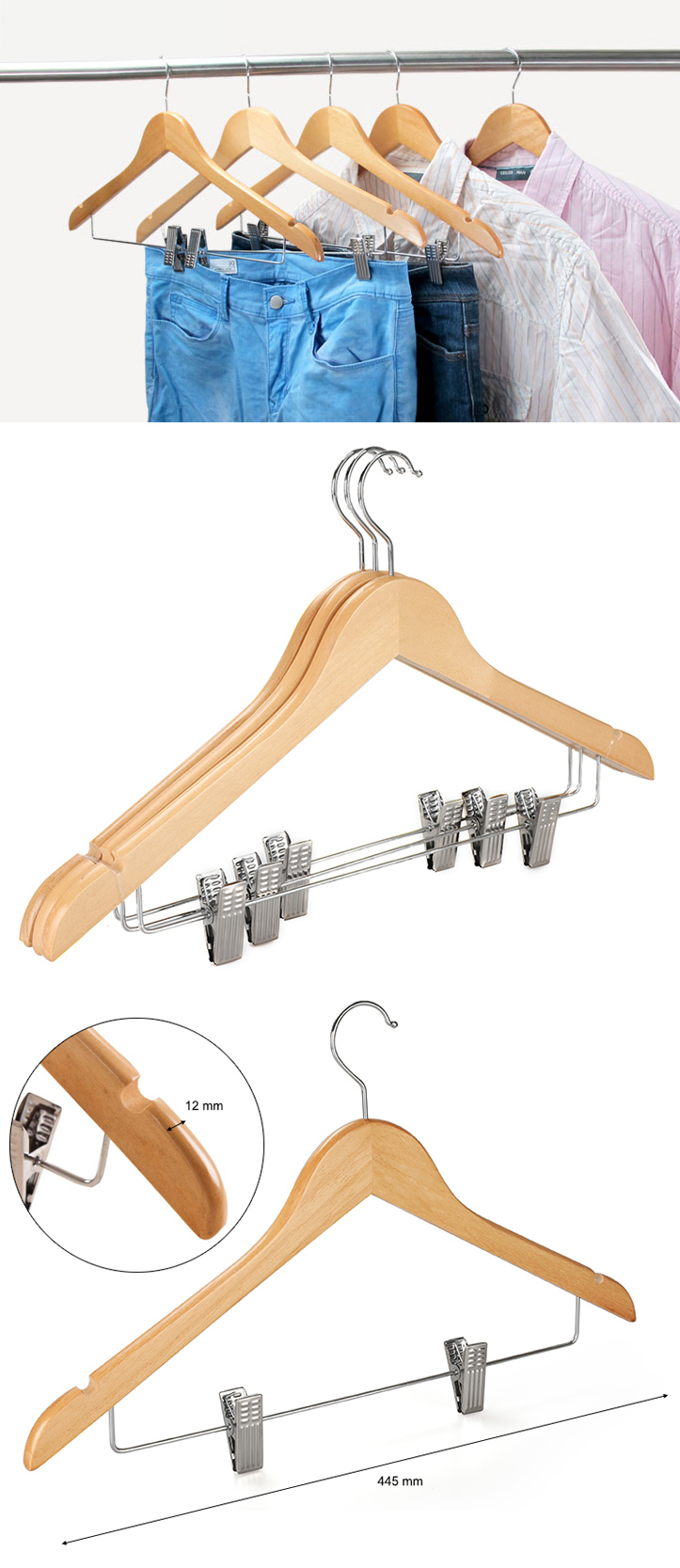 Wholesale Natural Wooden Suit Clothes Hangers with Clips