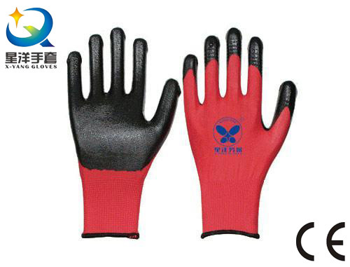 Red Polyester Shell Black Natrile Coated Safety Work Gloves (N7003)