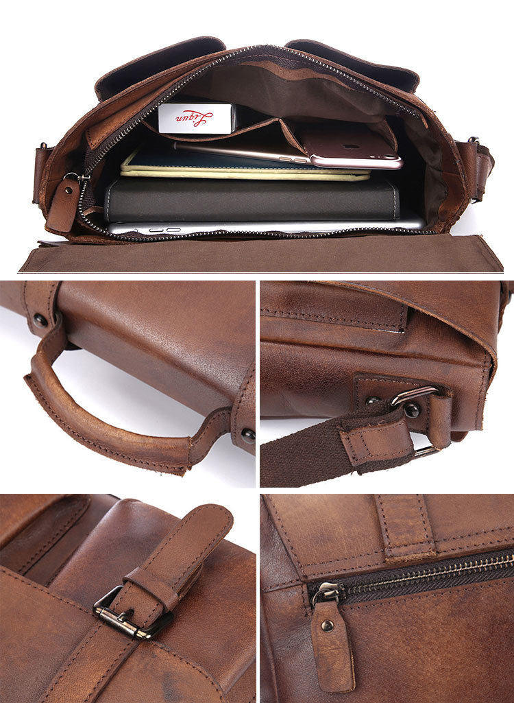 Newest Designer Bag Good Quality Retro Brown Cow Leather Messenger Bag Briefcase for Men