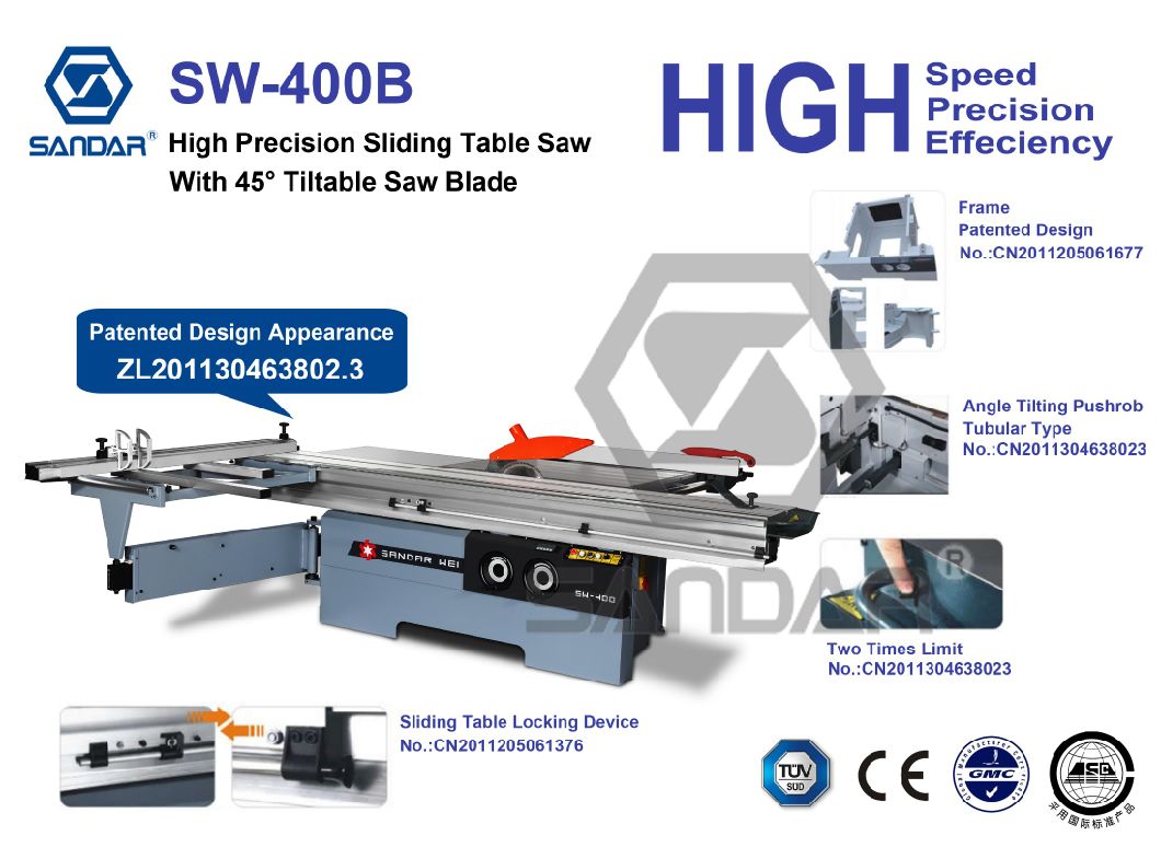 Woodworking Panel Sliding Table Saw with 45 Degree Tiltable Blade