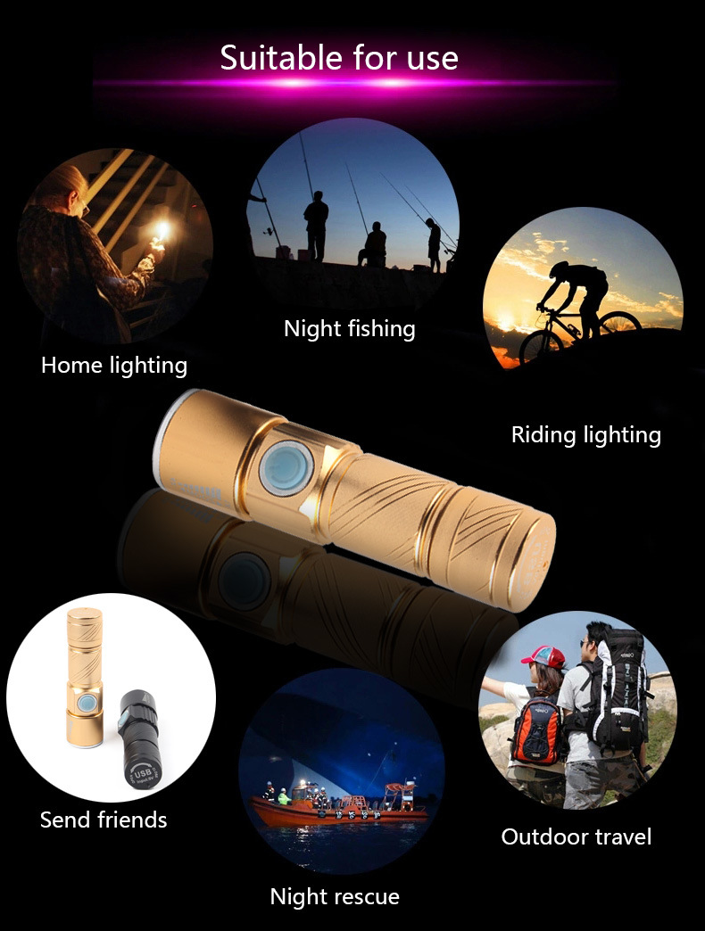 Emergency USB Rechargeable 500lm Aluminum Mini Telescopic CREE LED Torch