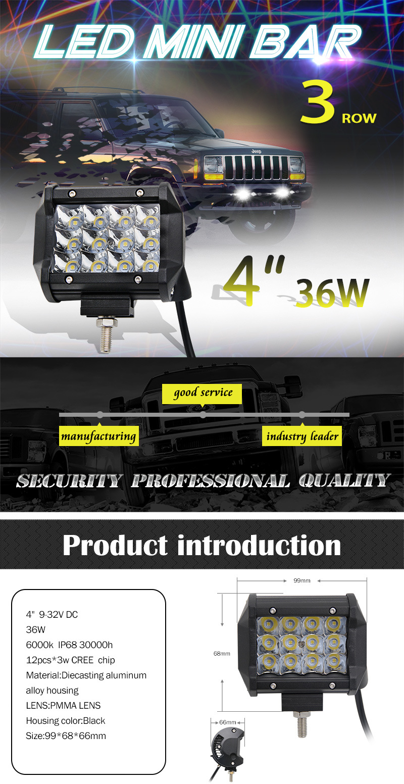 Auto Car Accessories 3 Row Spot Flood Combo Beam 4inch 36W Jeep Offroad CREE Mini LED Work Light Bar for Trailer Tractor Truck