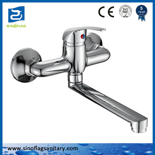 Modern Lavatory Vanity Two Holes Long Spout Wall Mount Bathroom Faucet