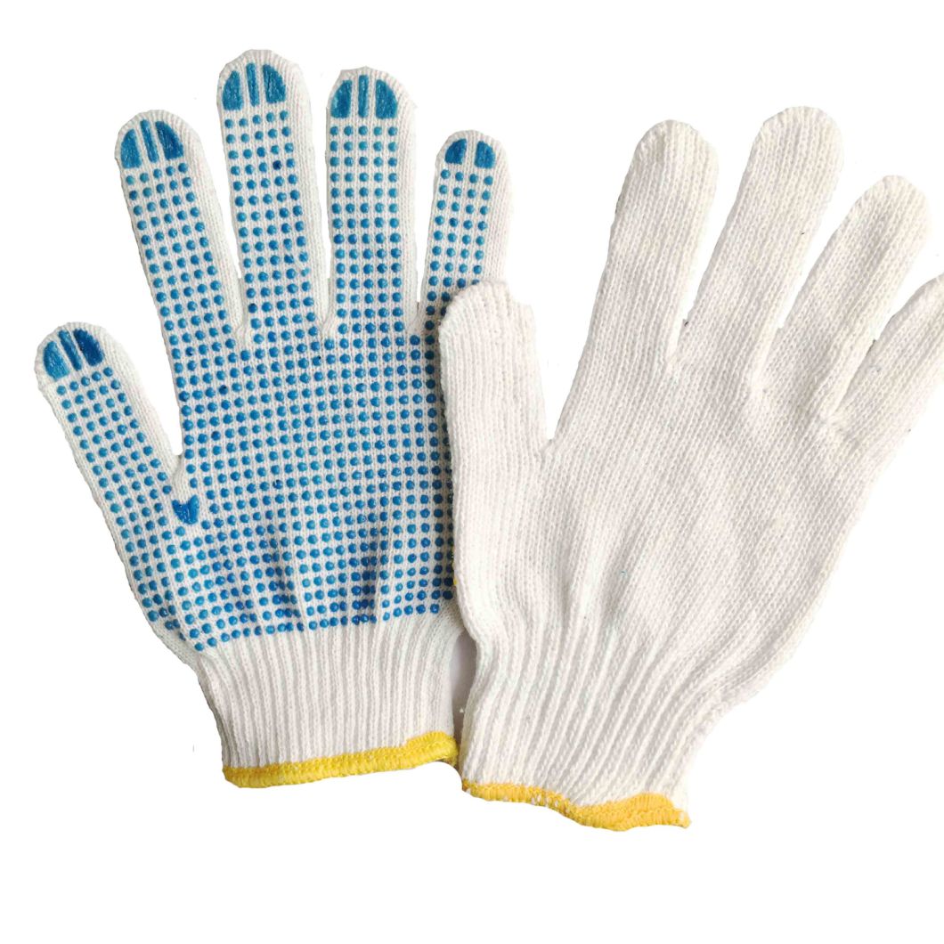 Blue PVC Dotted Natural White Cotton Knitted Gloves