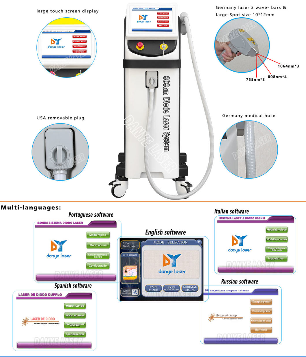 Danye 808nm 755nm 1064nm Laser Diode Laser Hair Removal Machine for All Skin Types with Competitive Price