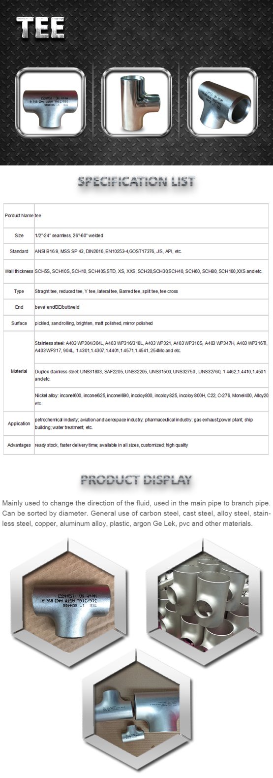 ASTM Wp304 Stainless Steel Straight Pipe Tee