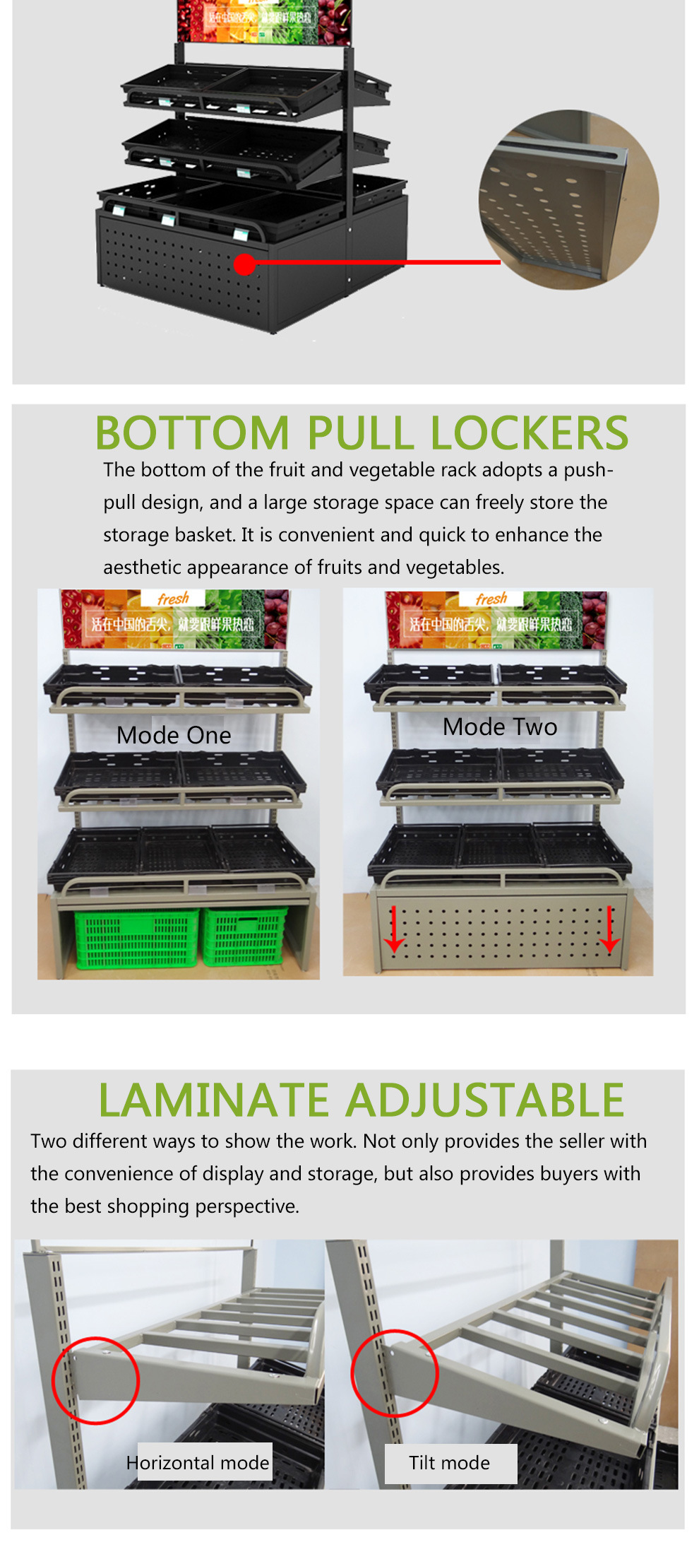 2018 Supermarket Single and Double Side Fruit Vegetable Three Tier Display Rack