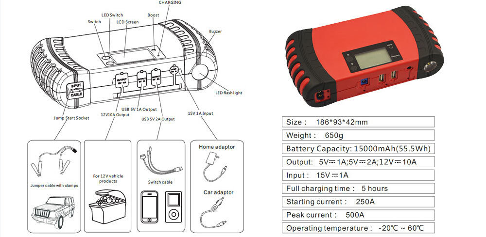 15000mAh Multifunction Fast Charge Lithium Car Jump Starter with Air Compressor and LCD Screen Portable