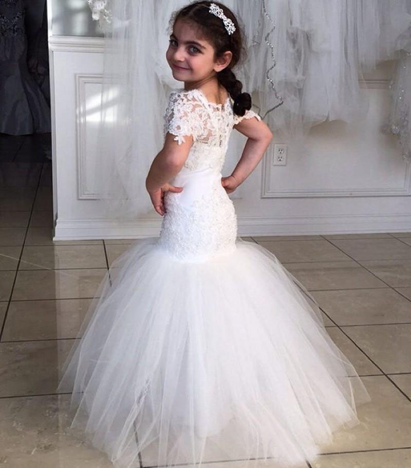 Customize Short Sleeve Lace and Tulle Mermaid Flower Girl Dress