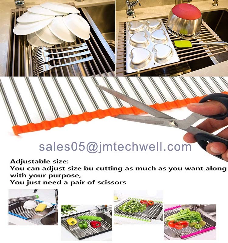 Amazon Hot Sell Over Sink Roll-up 18 Tubes Stainless Steel Dish Drying Rack