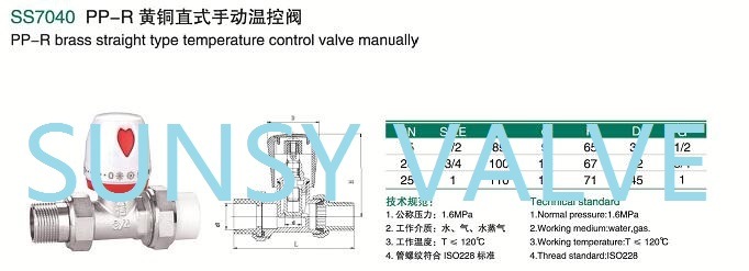 Ss7040 PP-R Brass Angle Straight Type Hand-Operated Manual Temperature Control Valve Single Double Union