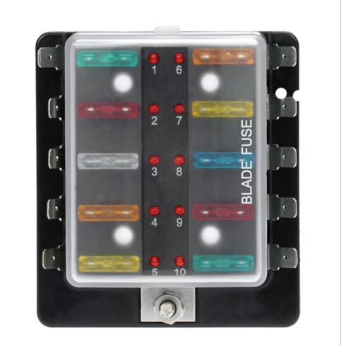 10 Way Blade Fuse Box Holder with LED Warning Light Kit for Car Boat Marine Trike 12V 24V