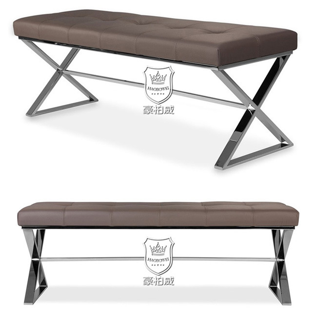Modern Bed Bench with Stainless Steel Base Leather Seating