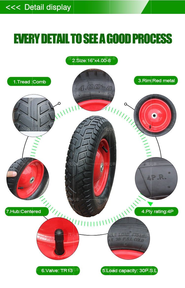 16' Heavy Duty Pneumatic Wheels for Wheelbarrows with Metal Rims