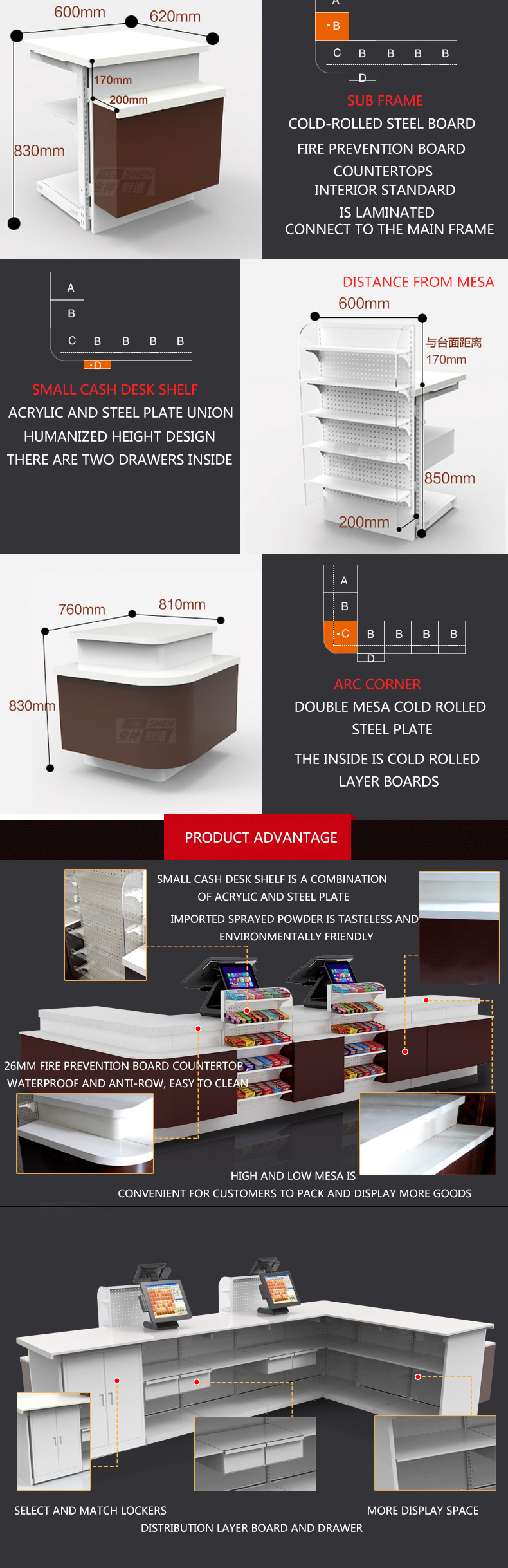 Convenience Store& Supermarket Steel Cashier Desk/ Checkout Counter with Small Shelf