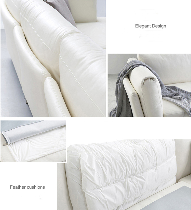 Modern White Genuine Leather Feather Sofa Living Room Furniture